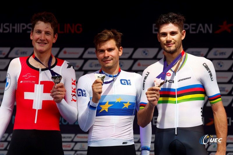 European Championships Munich 2022 - 2022 UEC Road Elite European Championships - Men's ITT - 17/08/2022 - Stefan Bissegger (SUI) - Stefan Kung (SUI) - Filippo Ganna (ITA) - photo Luca Bettini/UEC/SprintCyclingAgency?2022
